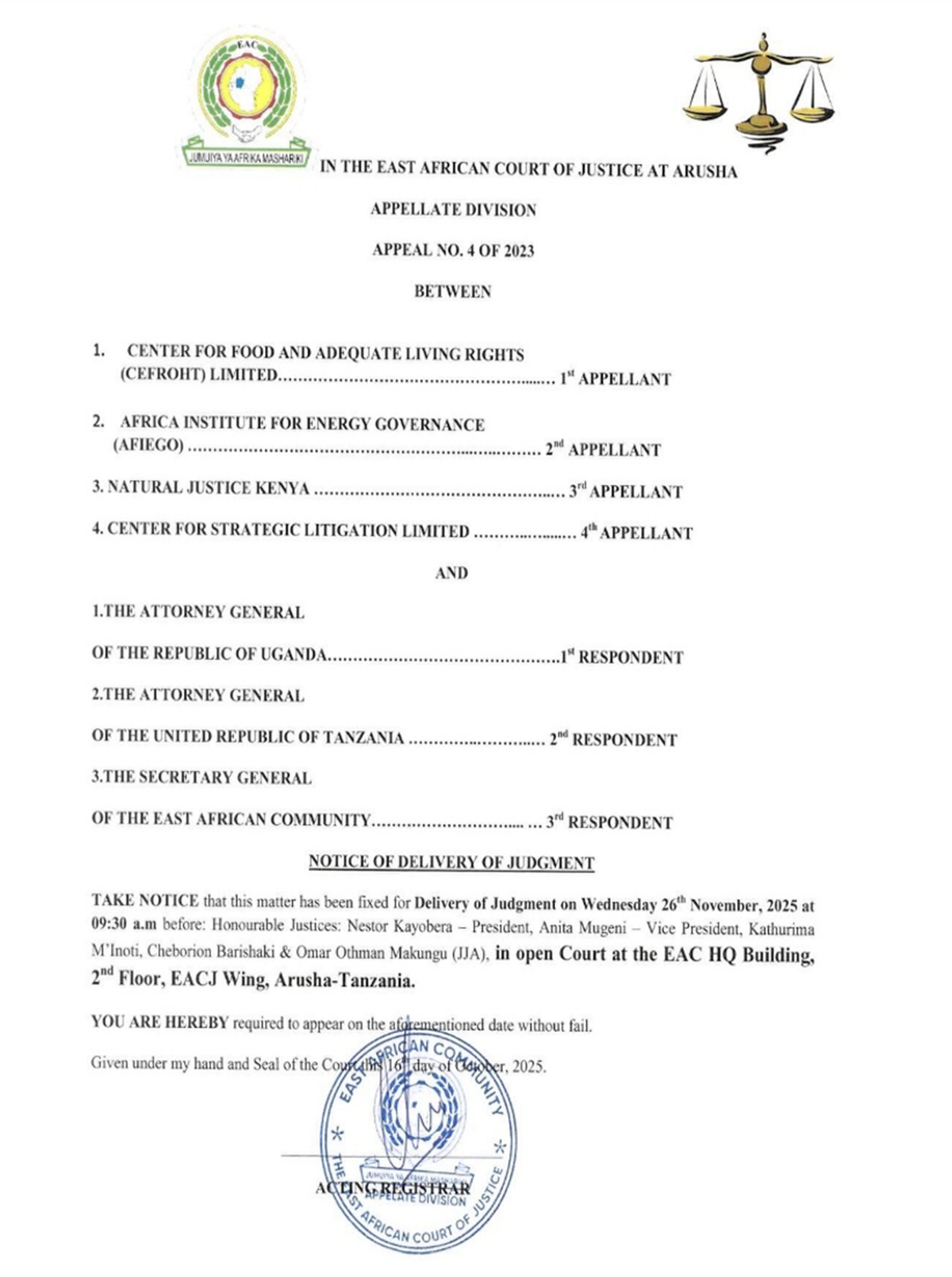 Hearing notice sent from the EACJ